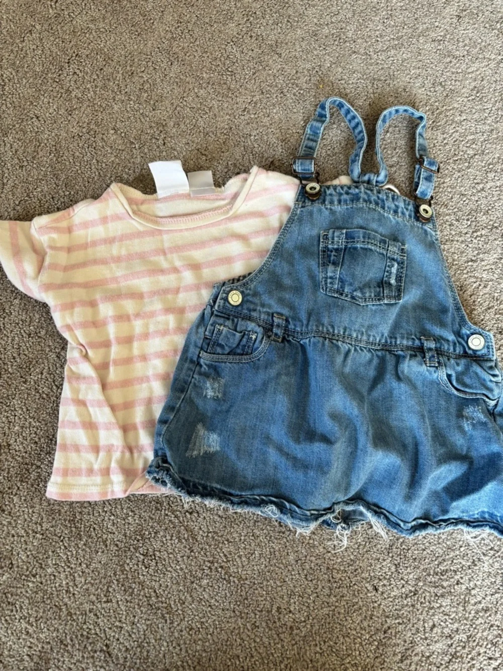 Zara Blue Denim Overall Skirt with Pink Stripe Tee